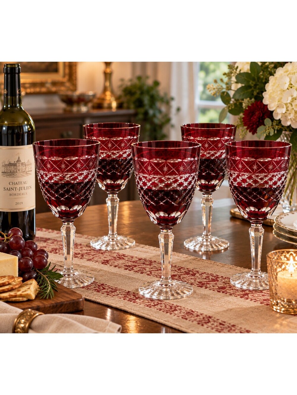 Vintage Bohemian Ruby Red Cut to Clear Crystal Wine Goblets Set of 4